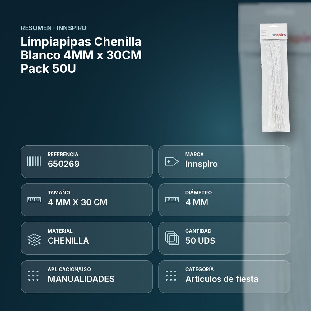 LIMPIAPIPAS CHENILLA BLANCO 4MM X 30CM PACK 50U - resumen de atributos