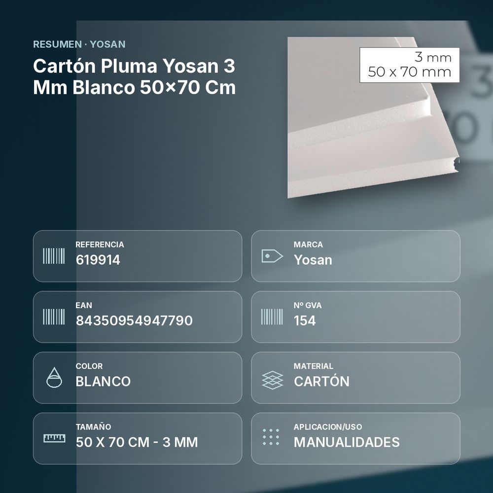 CARTÓN PLUMA YOSAN 3 MM BLANCO 50×70 CM  - resumen de atributos