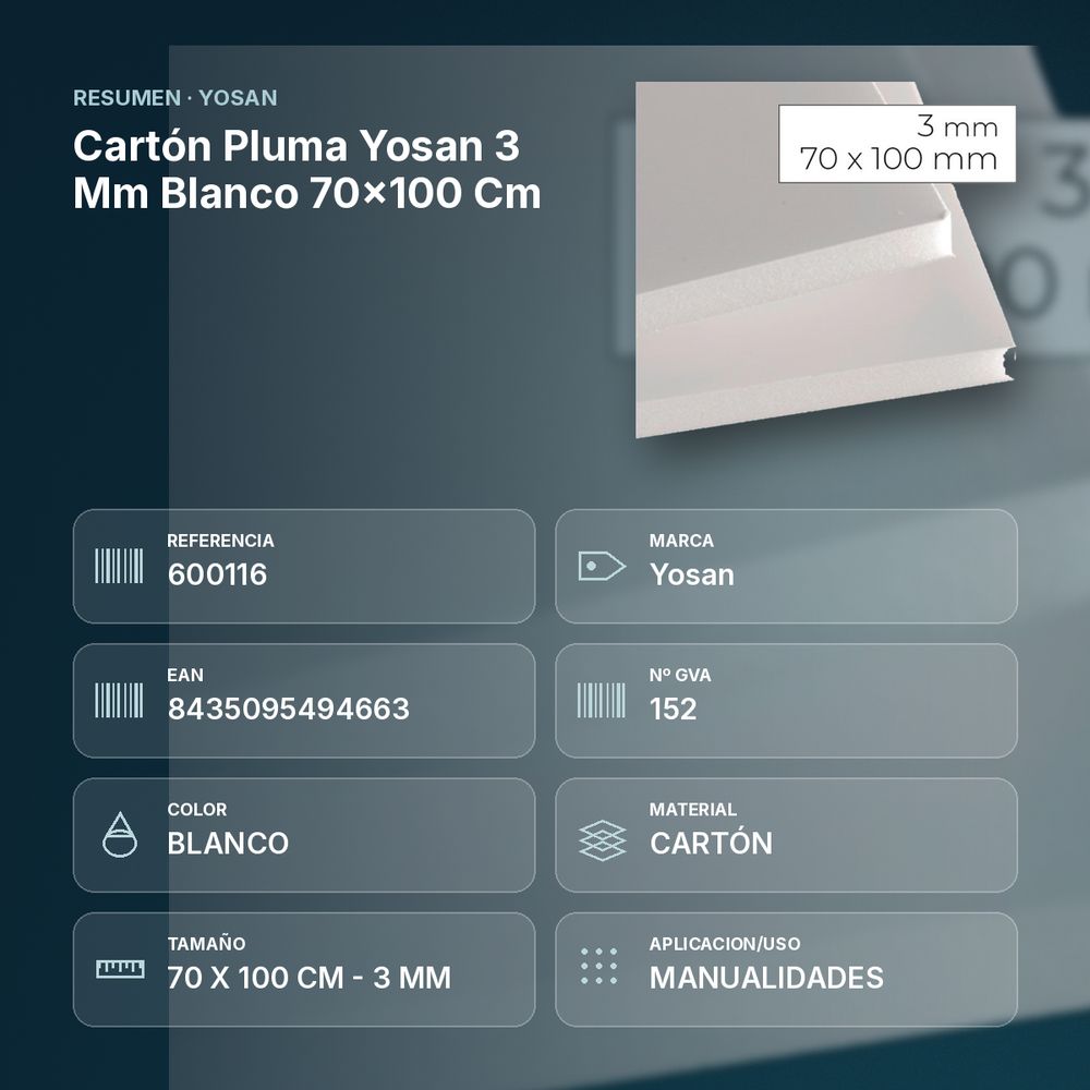CARTÓN PLUMA YOSAN 3 MM BLANCO 70×100 CM - resumen de atributos