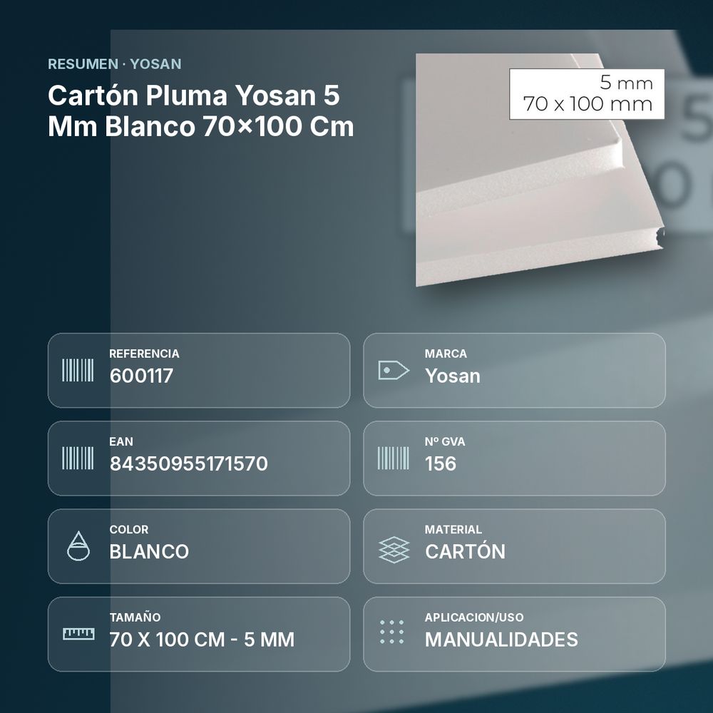 CARTÓN PLUMA YOSAN 5 MM BLANCO 70×100 CM  - resumen de atributos