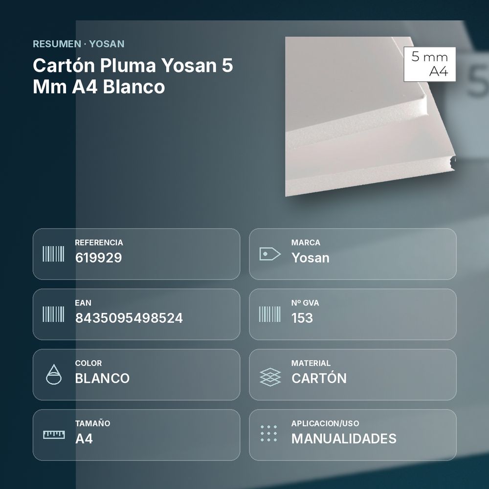 CARTÓN PLUMA YOSAN 5 MM A4 BLANCO - resumen de atributos