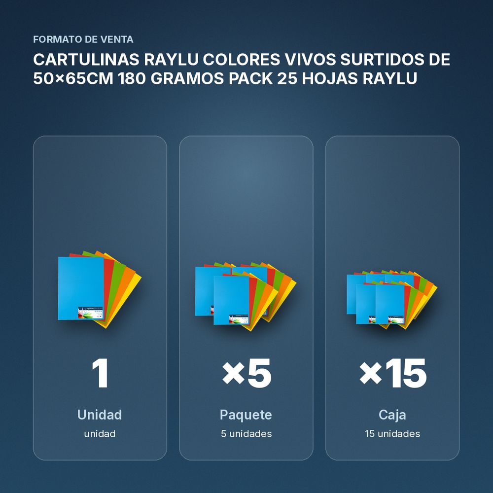 CARTULINAS RAYLU COLORES VIVOS SURTIDOS DE 50x65CM 180 GRAMOS PACK 25 HOJAS RAYLU - formato de venta: paquete de 5, caja de 15