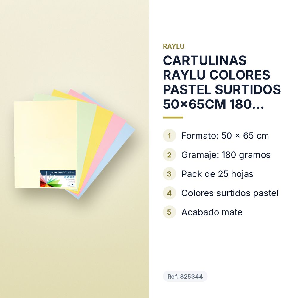 CARTULINAS RAYLU COLORES PASTEL SURTIDOS 50x65CM 180 GRAMOS PACK 25 HOJAS RAYLU - características principales