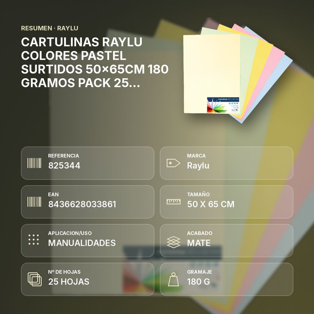 CARTULINAS RAYLU COLORES PASTEL SURTIDOS 50x65CM 180 GRAMOS PACK 25 HOJAS RAYLU - resumen de atributos