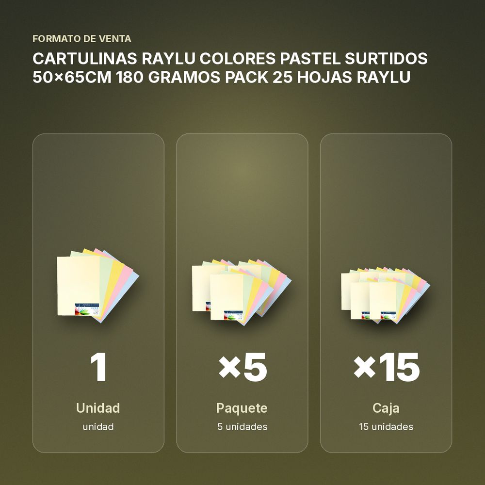 CARTULINAS RAYLU COLORES PASTEL SURTIDOS 50x65CM 180 GRAMOS PACK 25 HOJAS RAYLU - formato de venta: paquete de 5, caja de 15