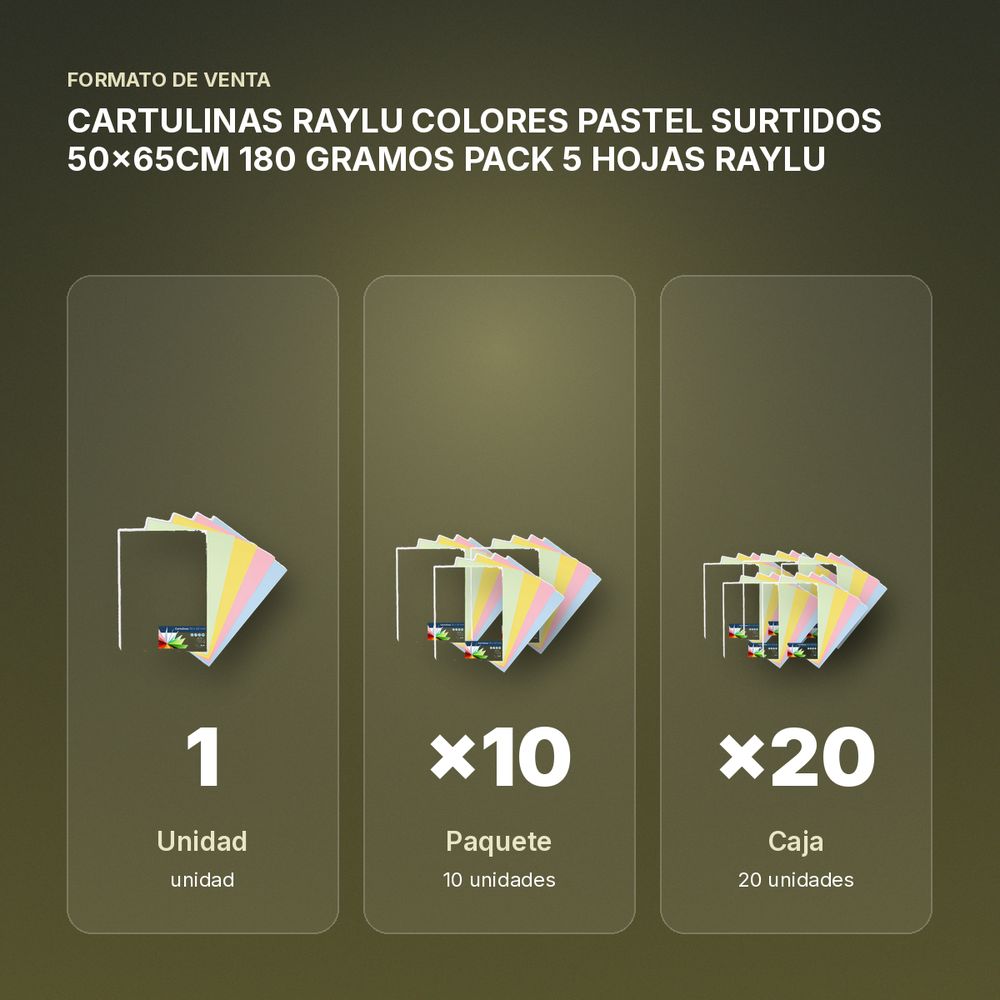 CARTULINAS RAYLU COLORES PASTEL SURTIDOS 50x65CM 180 GRAMOS PACK 5 HOJAS RAYLU - formato de venta: paquete de 10, caja de 20