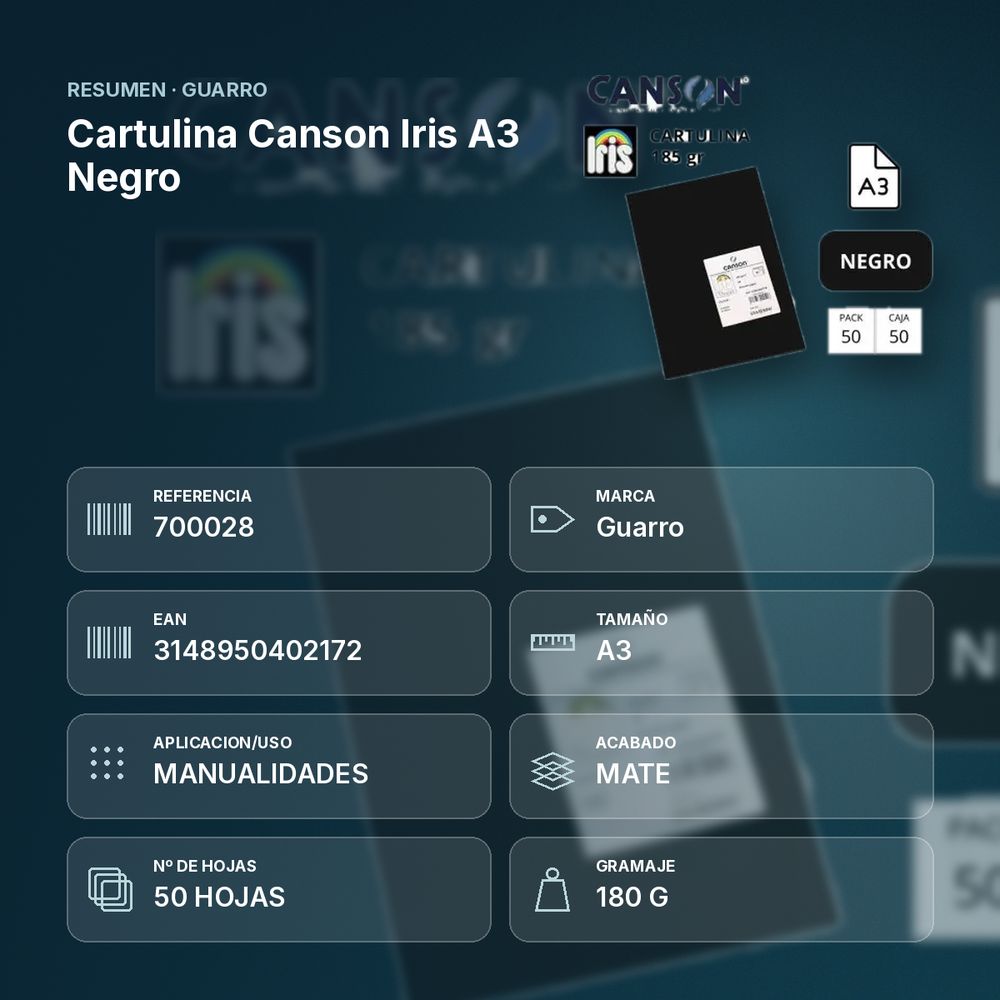CARTULINA CANSON IRIS A3 NEGRO - resumen de atributos