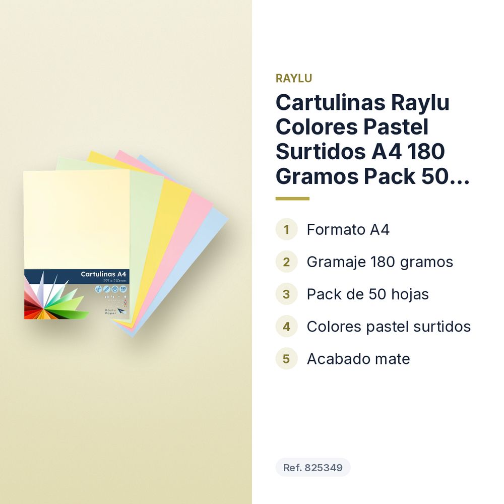 CARTULINAS RAYLU COLORES PASTEL SURTIDOS A4 180 GRAMOS PACK 50 HOJAS RAYLU - características principales