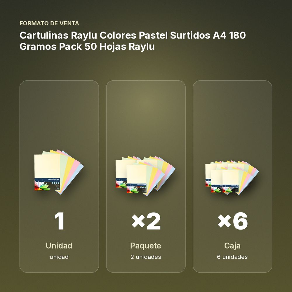 CARTULINAS RAYLU COLORES PASTEL SURTIDOS A4 180 GRAMOS PACK 50 HOJAS RAYLU - formato de venta: paquete de 2, caja de 6