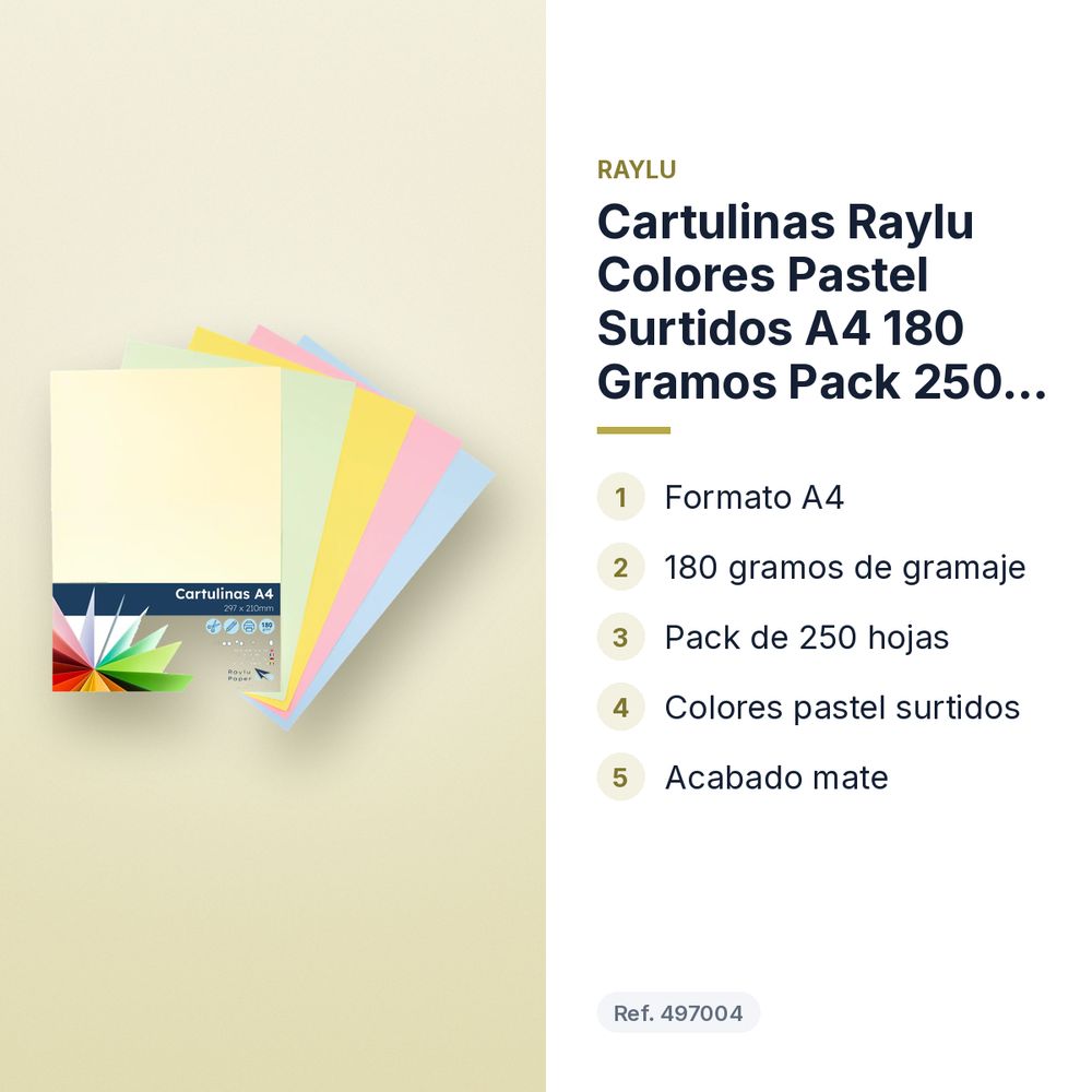 CARTULINAS RAYLU COLORES PASTEL SURTIDOS A4 180 GRAMOS PACK 250 HOJAS RAYLU - características principales