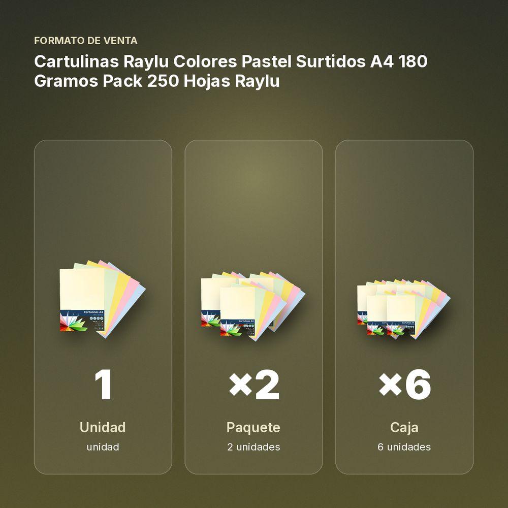 CARTULINAS RAYLU COLORES PASTEL SURTIDOS A4 180 GRAMOS PACK 250 HOJAS RAYLU - formato de venta: paquete de 2, caja de 6