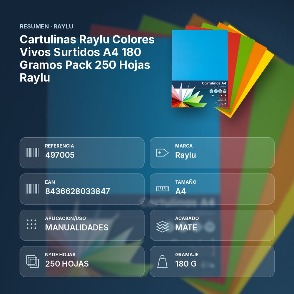 CARTULINAS RAYLU COLORES VIVOS SURTIDOS A4 180 GRAMOS PACK 250 HOJAS RAYLU - resumen de atributos