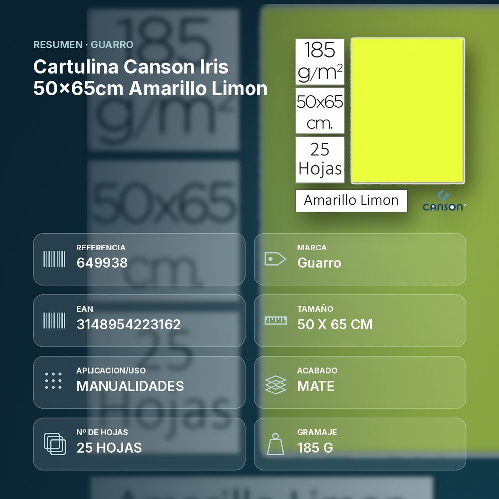 CARTULINA CANSON IRIS 50×65CM AMARILLO LIMON  - resumen de atributos