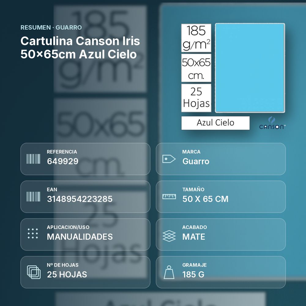 CARTULINA CANSON IRIS 50×65CM AZUL CIELO - resumen de atributos