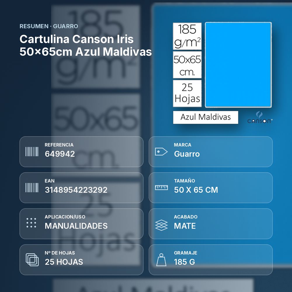 CARTULINA CANSON IRIS 50×65CM AZUL MALDIVAS - resumen de atributos