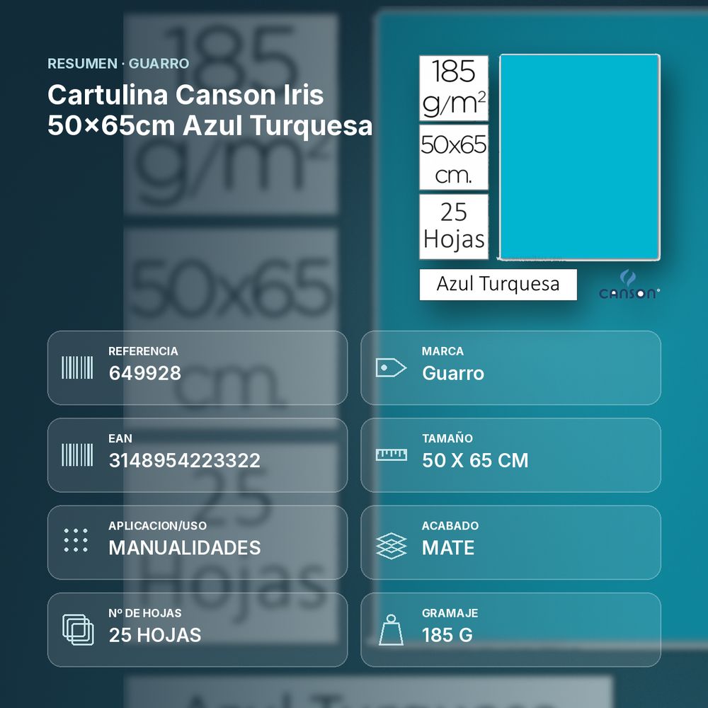 CARTULINA CANSON IRIS 50×65CM AZUL TURQUESA - resumen de atributos