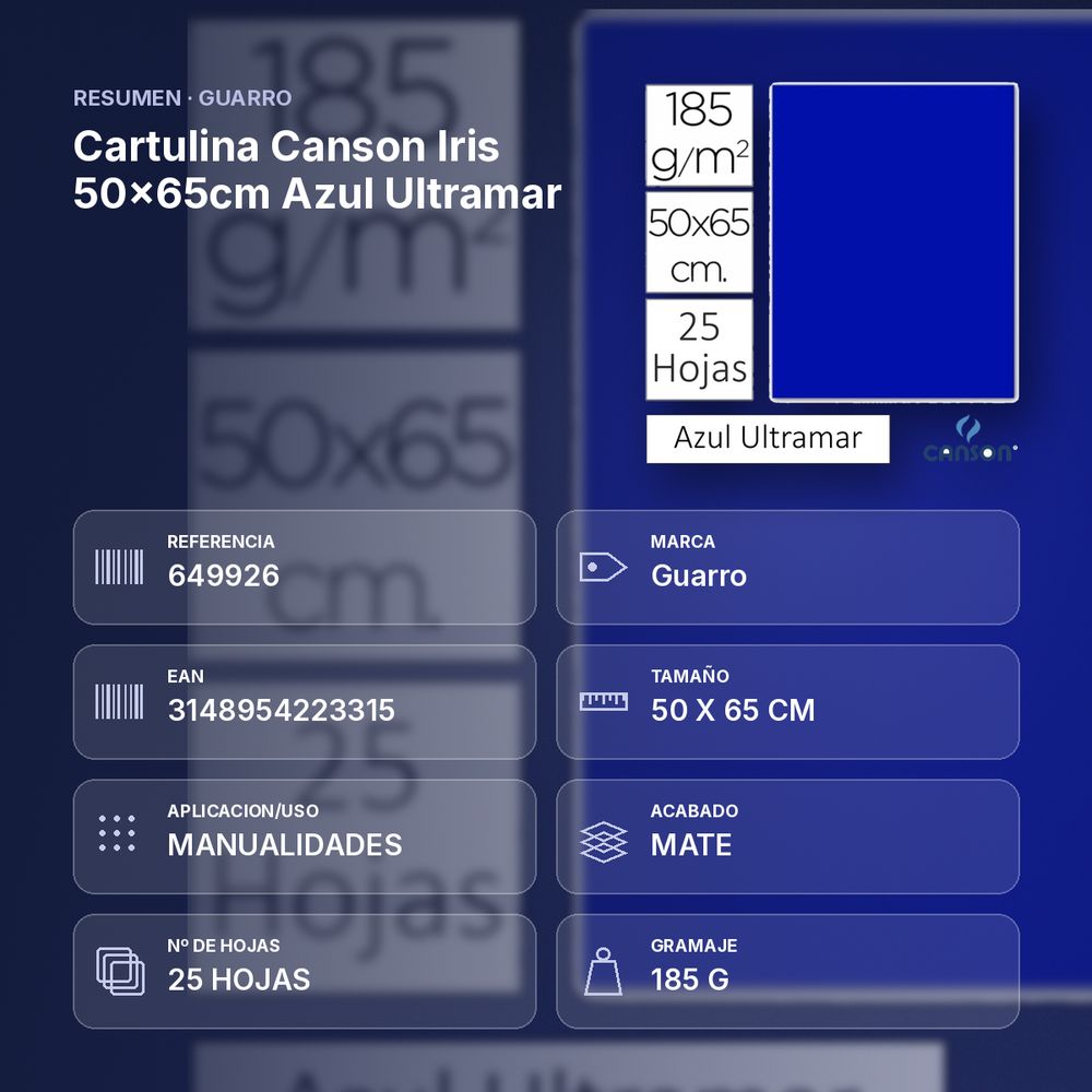 CARTULINA CANSON IRIS 50×65CM AZUL ULTRAMAR - resumen de atributos