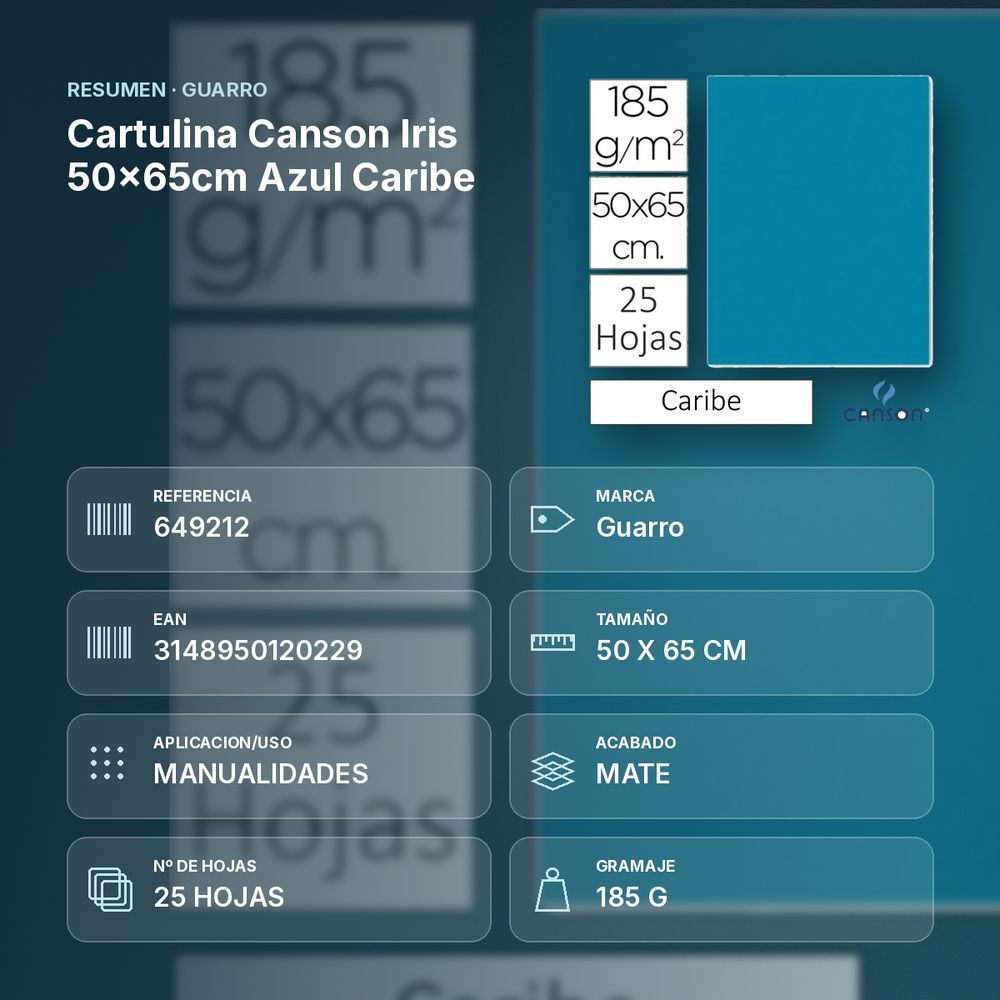 CARTULINA CANSON IRIS 50×65CM AZUL CARIBE  - resumen de atributos