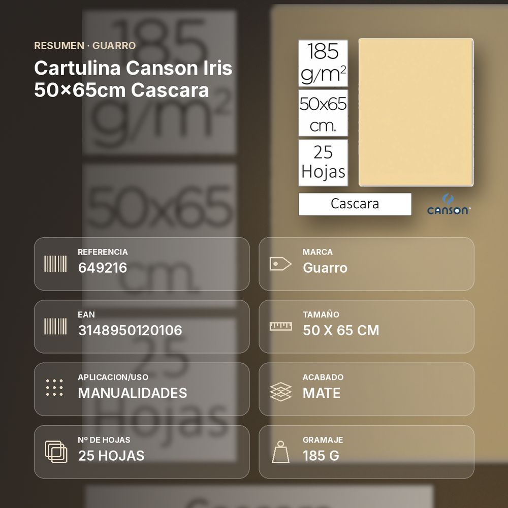 CARTULINA CANSON IRIS 50×65CM CASCARA - resumen de atributos