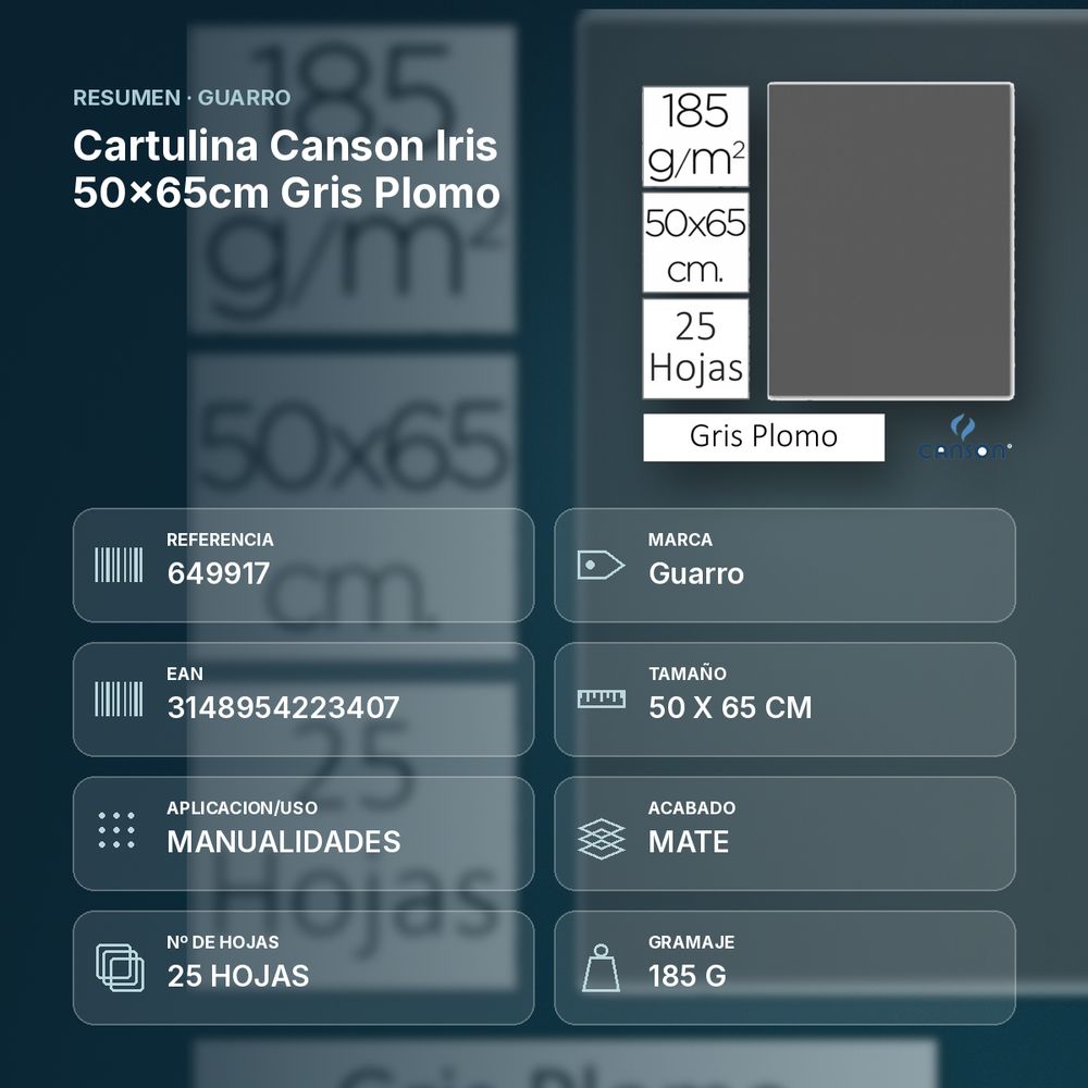 CARTULINA CANSON IRIS 50×65CM GRIS PLOMO - resumen de atributos