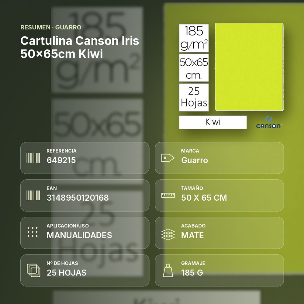 CARTULINA CANSON IRIS 50×65CM KIWI - resumen de atributos