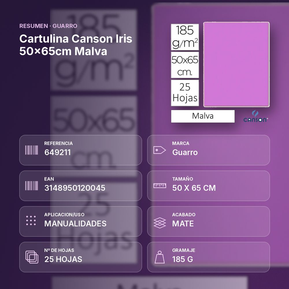 CARTULINA CANSON IRIS 50×65CM MALVA - resumen de atributos