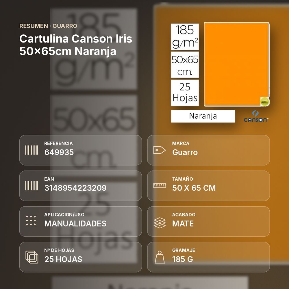CARTULINA CANSON IRIS 50×65CM NARANJA - resumen de atributos