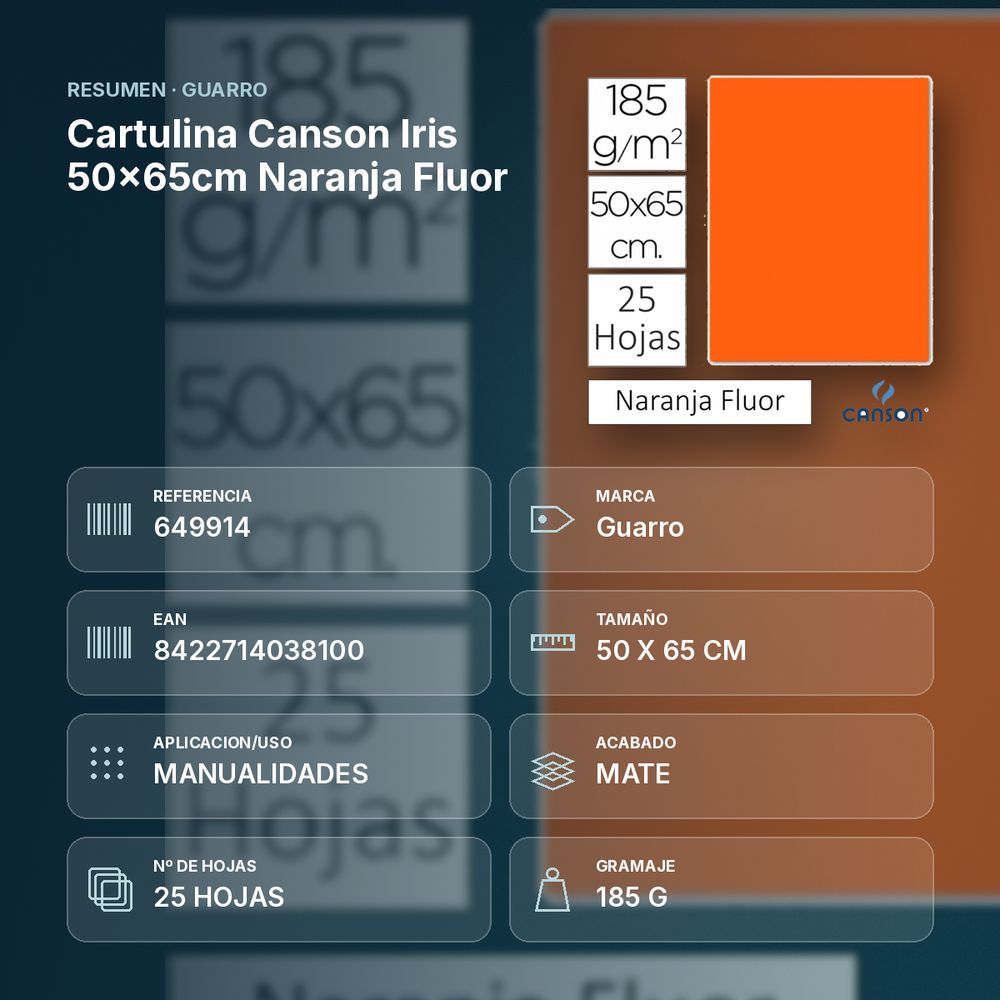 CARTULINA CANSON IRIS 50×65CM NARANJA FLUOR - resumen de atributos
