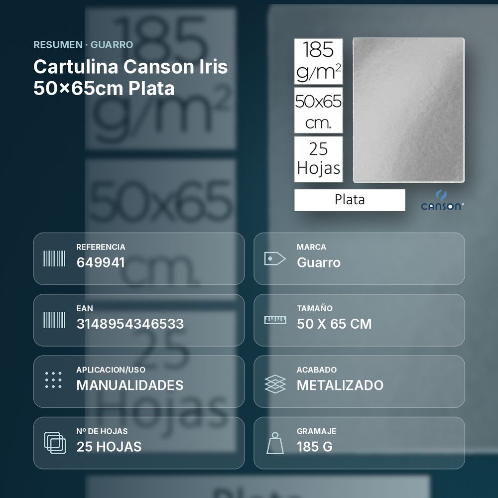 CARTULINA CANSON IRIS 50×65CM PLATA - resumen de atributos