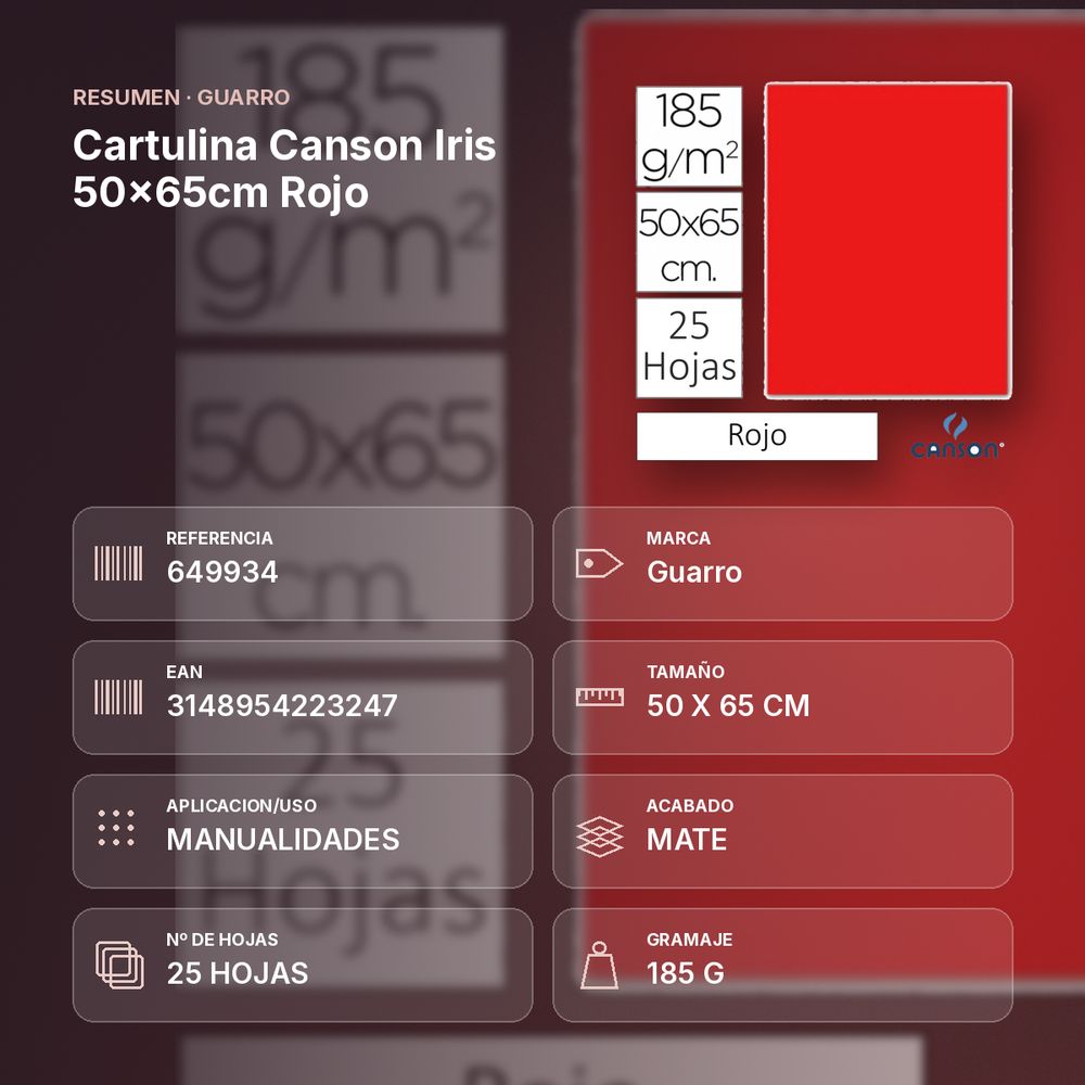 CARTULINA CANSON IRIS 50×65CM ROJO - resumen de atributos