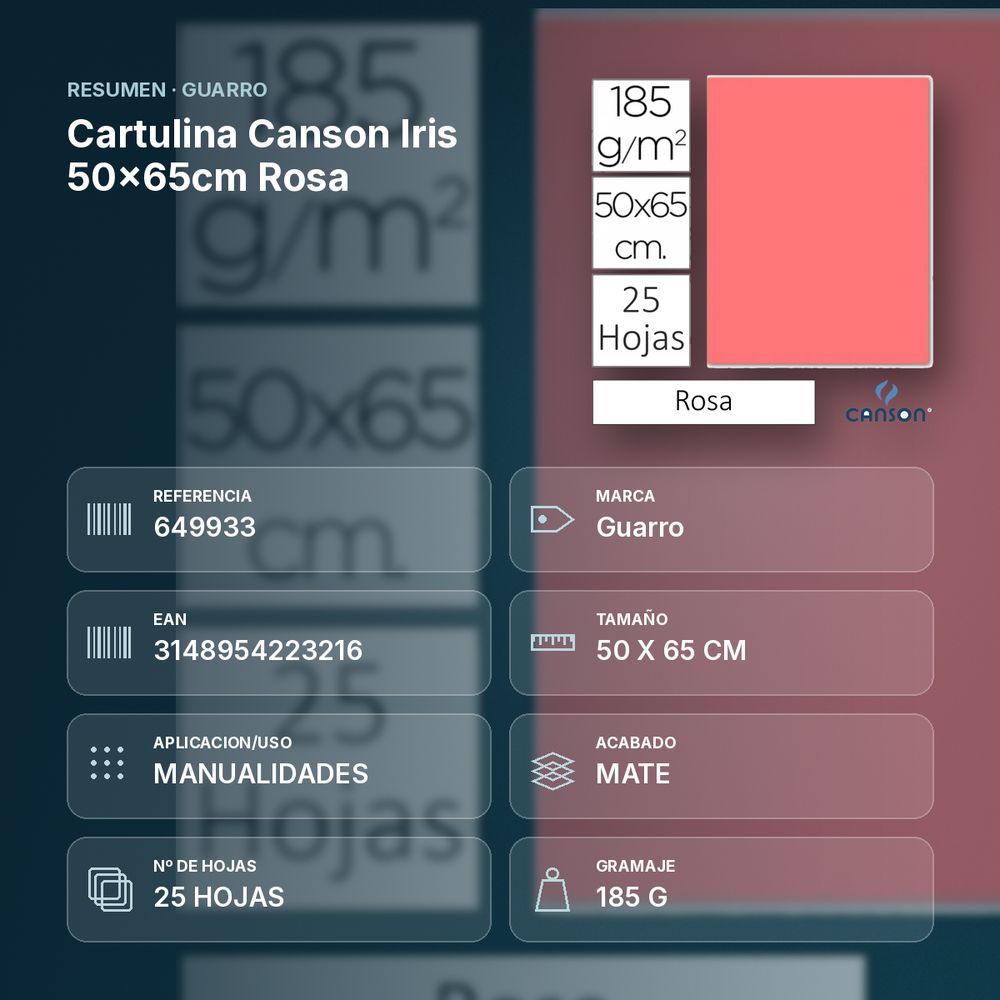 CARTULINA CANSON IRIS 50×65CM ROSA - resumen de atributos