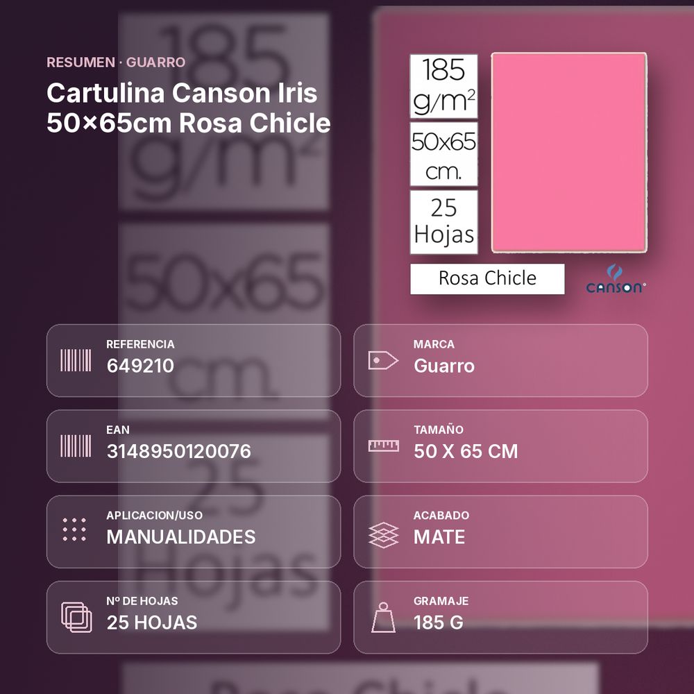 CARTULINA CANSON IRIS 50×65CM ROSA CHICLE - resumen de atributos