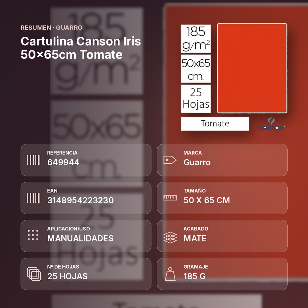 CARTULINA CANSON IRIS 50×65CM TOMATE  - resumen de atributos