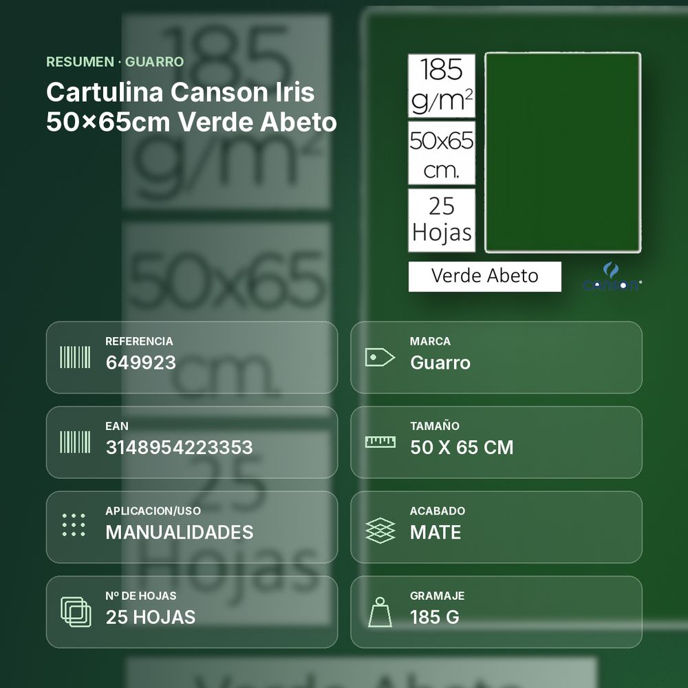 CARTULINA CANSON IRIS 50×65CM VERDE ABETO - resumen de atributos