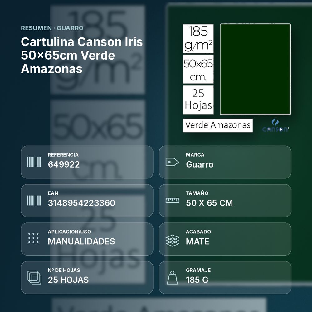 CARTULINA CANSON IRIS  50×65CM VERDE AMAZONAS  - resumen de atributos