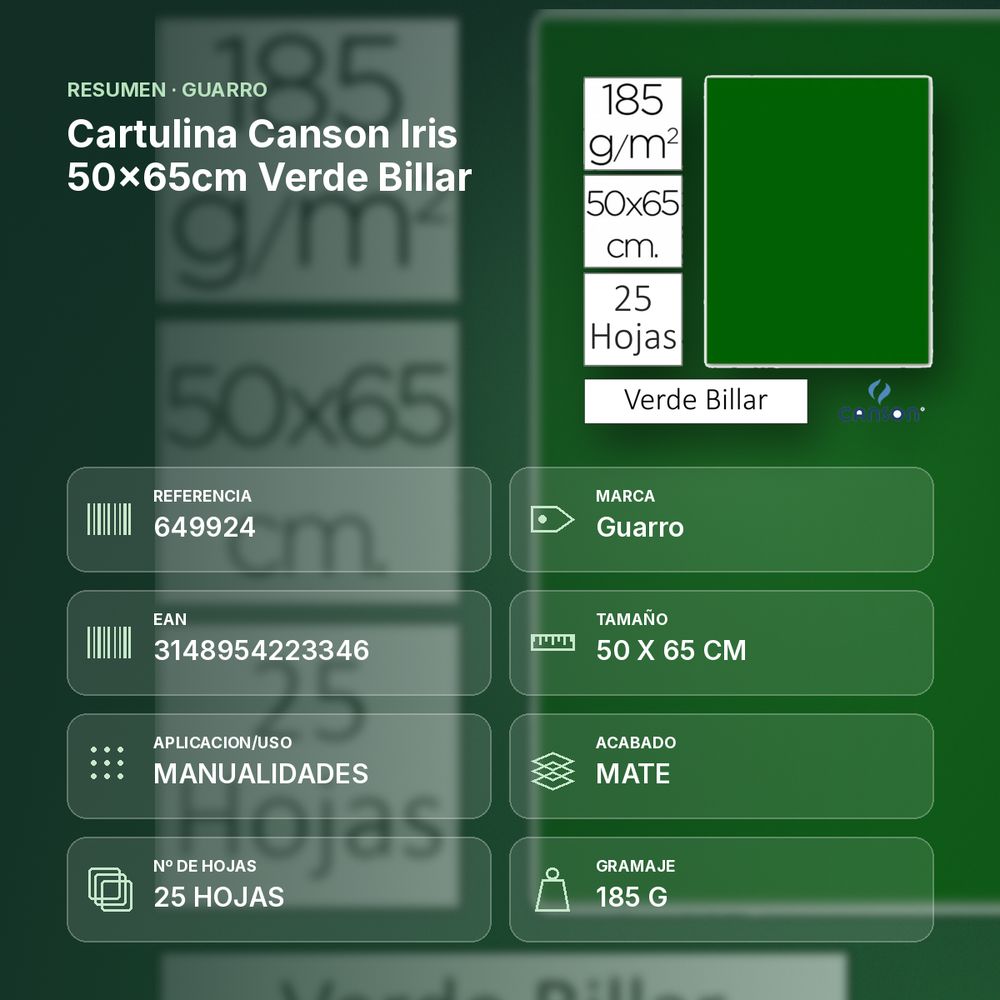 CARTULINA CANSON IRIS 50×65CM VERDE BILLAR - resumen de atributos
