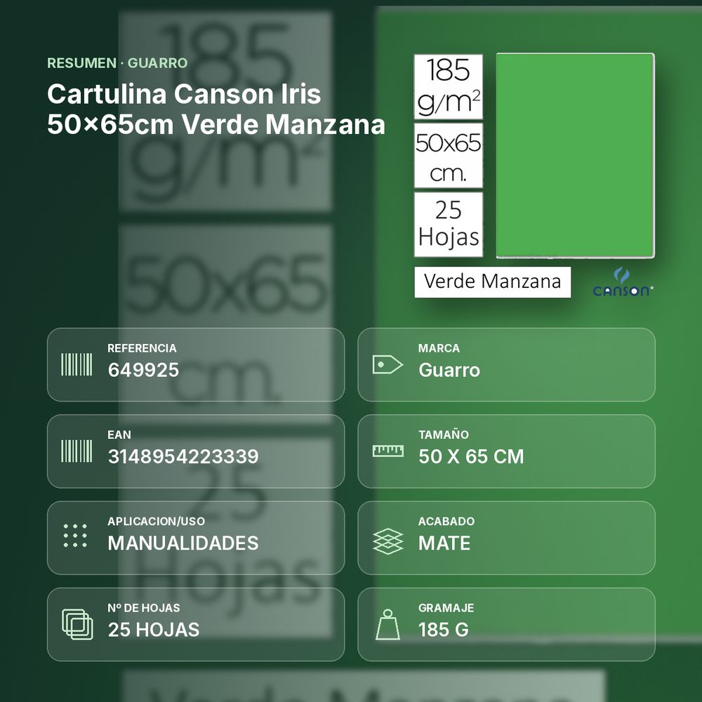 CARTULINA CANSON IRIS 50×65CM VERDE MANZANA - resumen de atributos