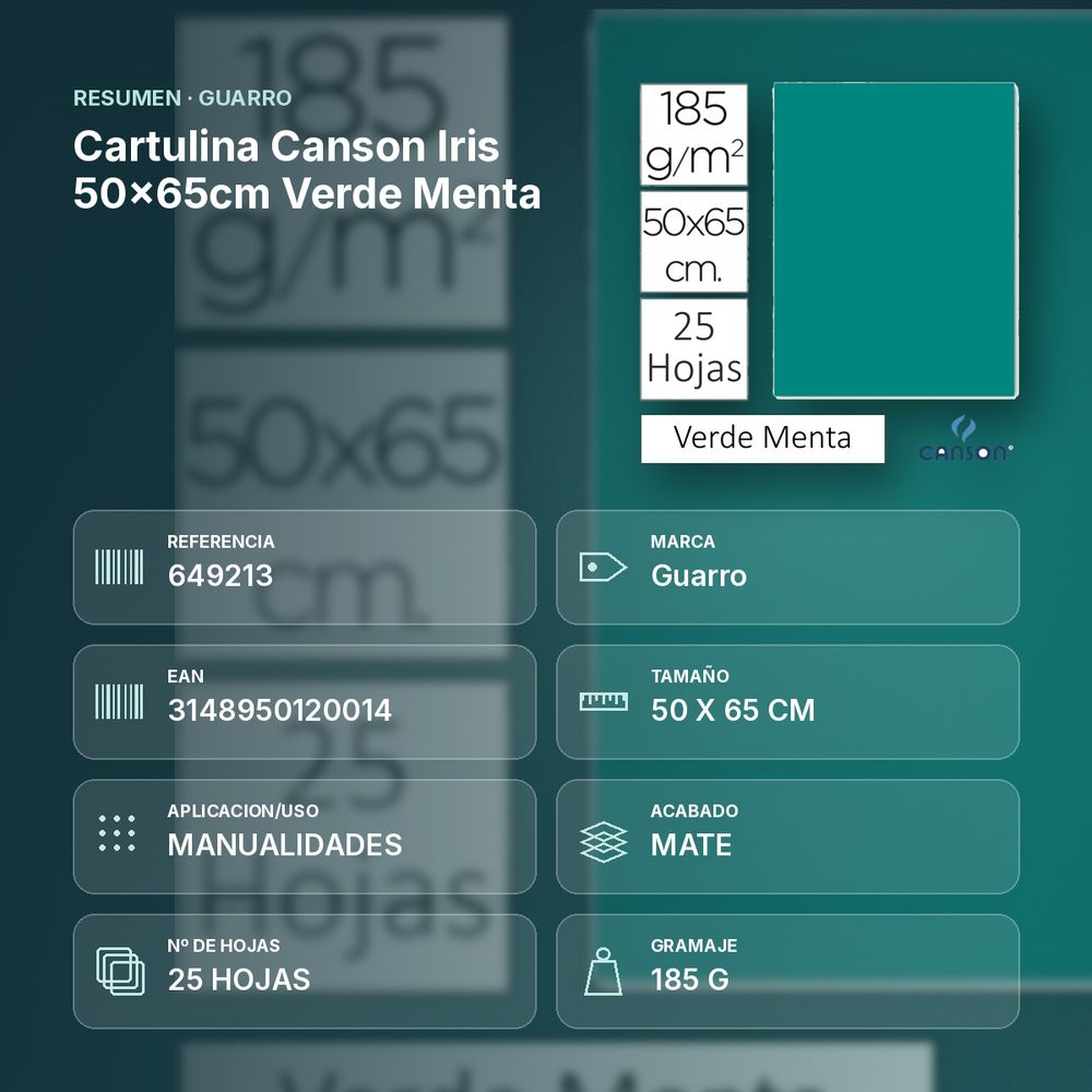 CARTULINA CANSON IRIS 50×65CM VERDE MENTA - resumen de atributos