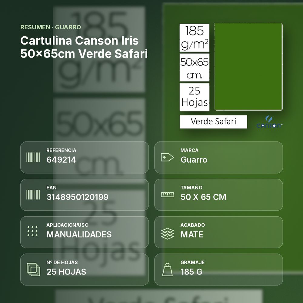 CARTULINA CANSON IRIS 50×65CM VERDE SAFARI - resumen de atributos