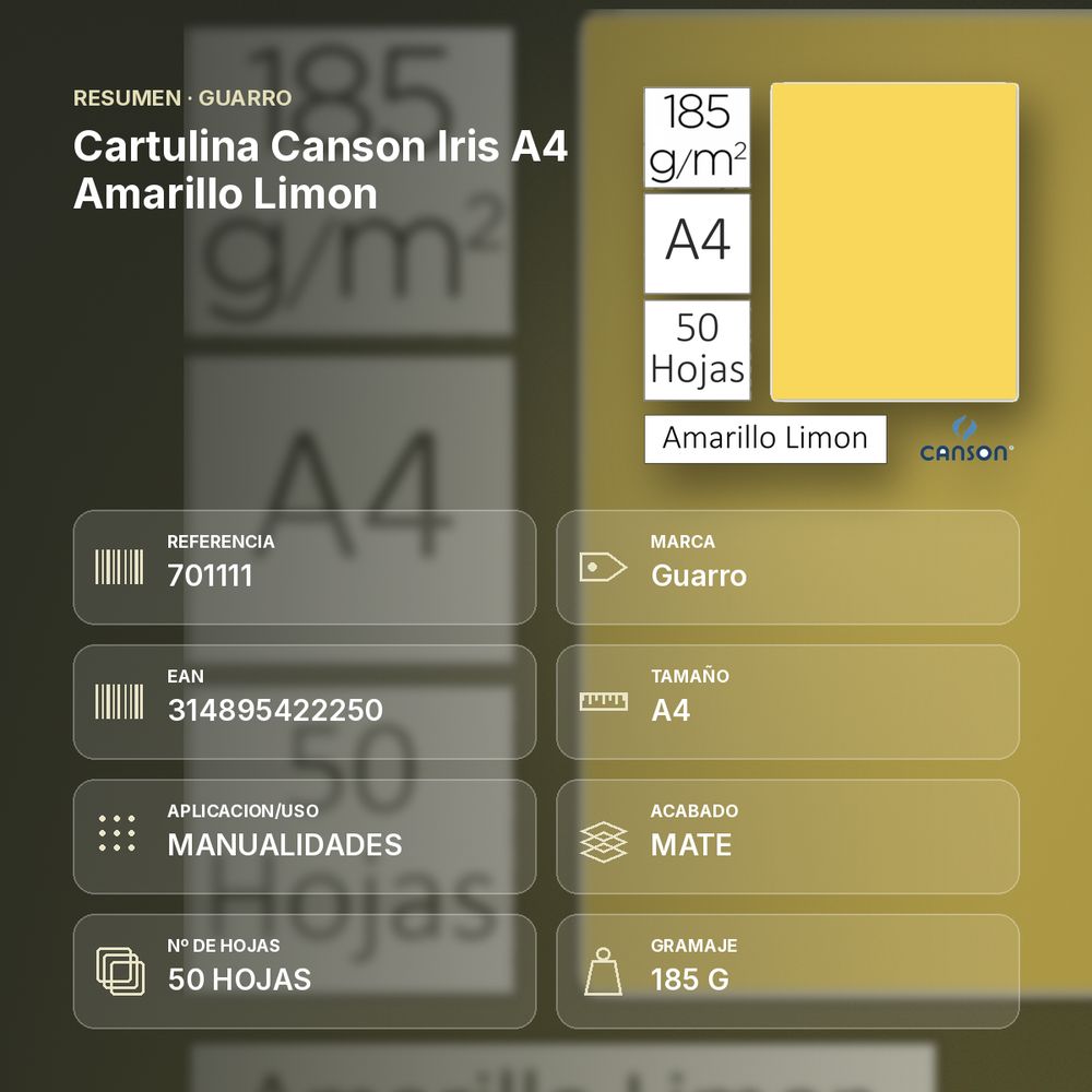 CARTULINA CANSON IRIS A4 AMARILLO LIMON - resumen de atributos