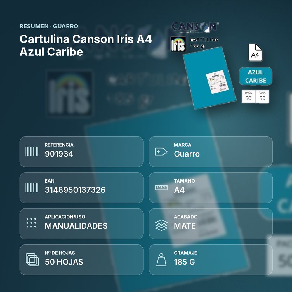 CARTULINA CANSON IRIS A4 AZUL CARIBE - resumen de atributos