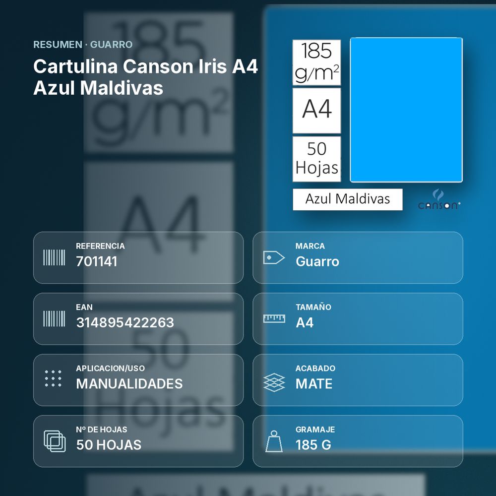CARTULINA CANSON IRIS A4 AZUL MALDIVAS - resumen de atributos