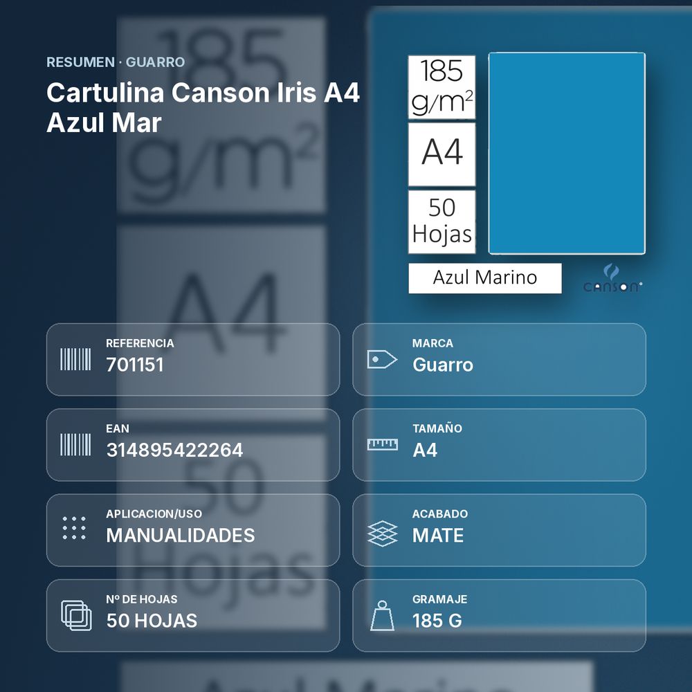 CARTULINA CANSON IRIS A4 AZUL MAR - resumen de atributos