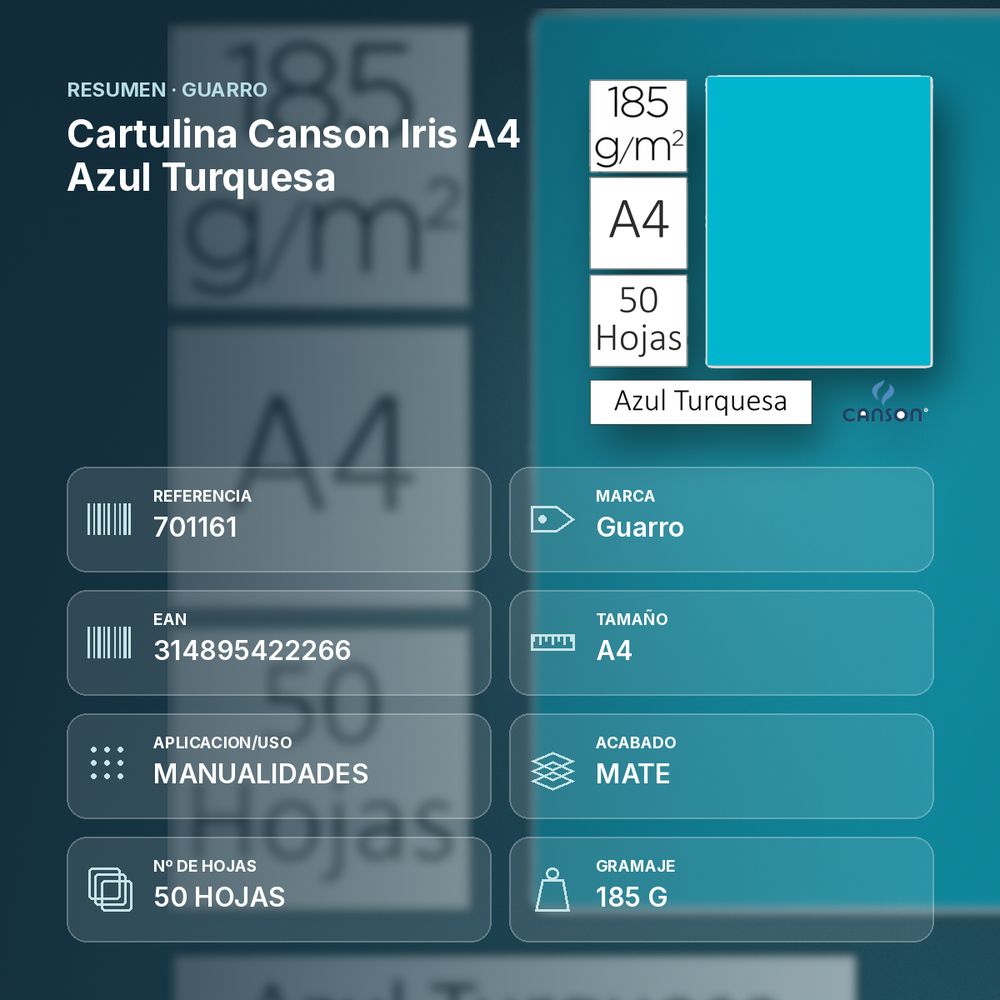 CARTULINA CANSON IRIS A4 AZUL TURQUESA - resumen de atributos