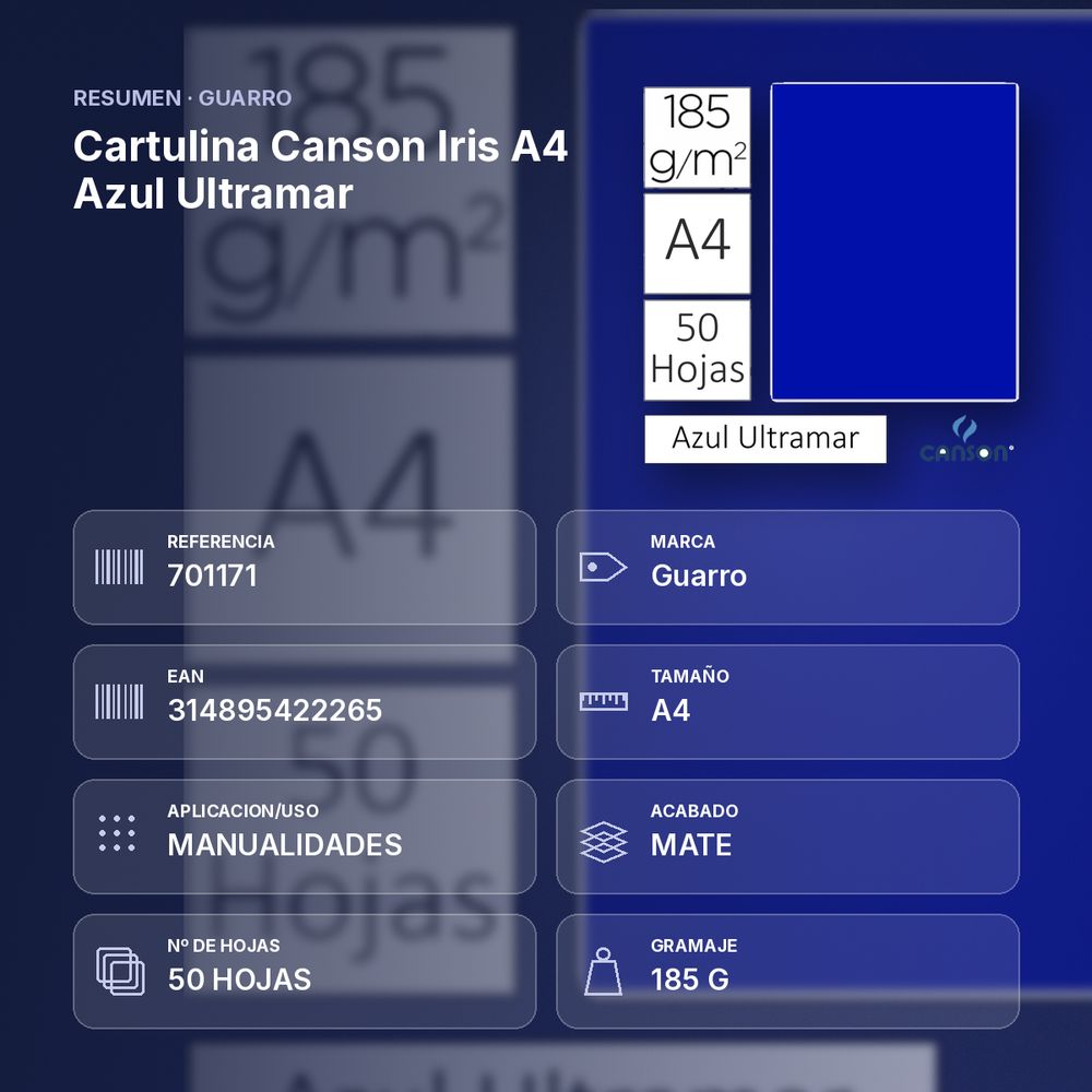 CARTULINA CANSON IRIS A4 AZUL ULTRAMAR - resumen de atributos