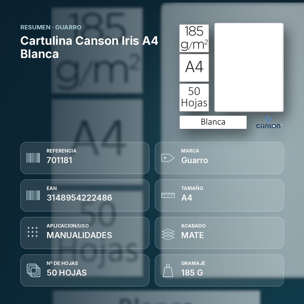CARTULINA CANSON IRIS A4 BLANCA - resumen de atributos
