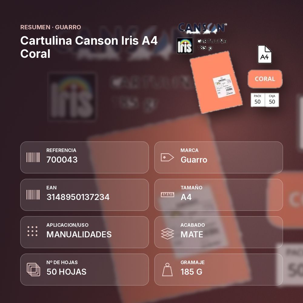CARTULINA CANSON IRIS A4 CORAL - resumen de atributos