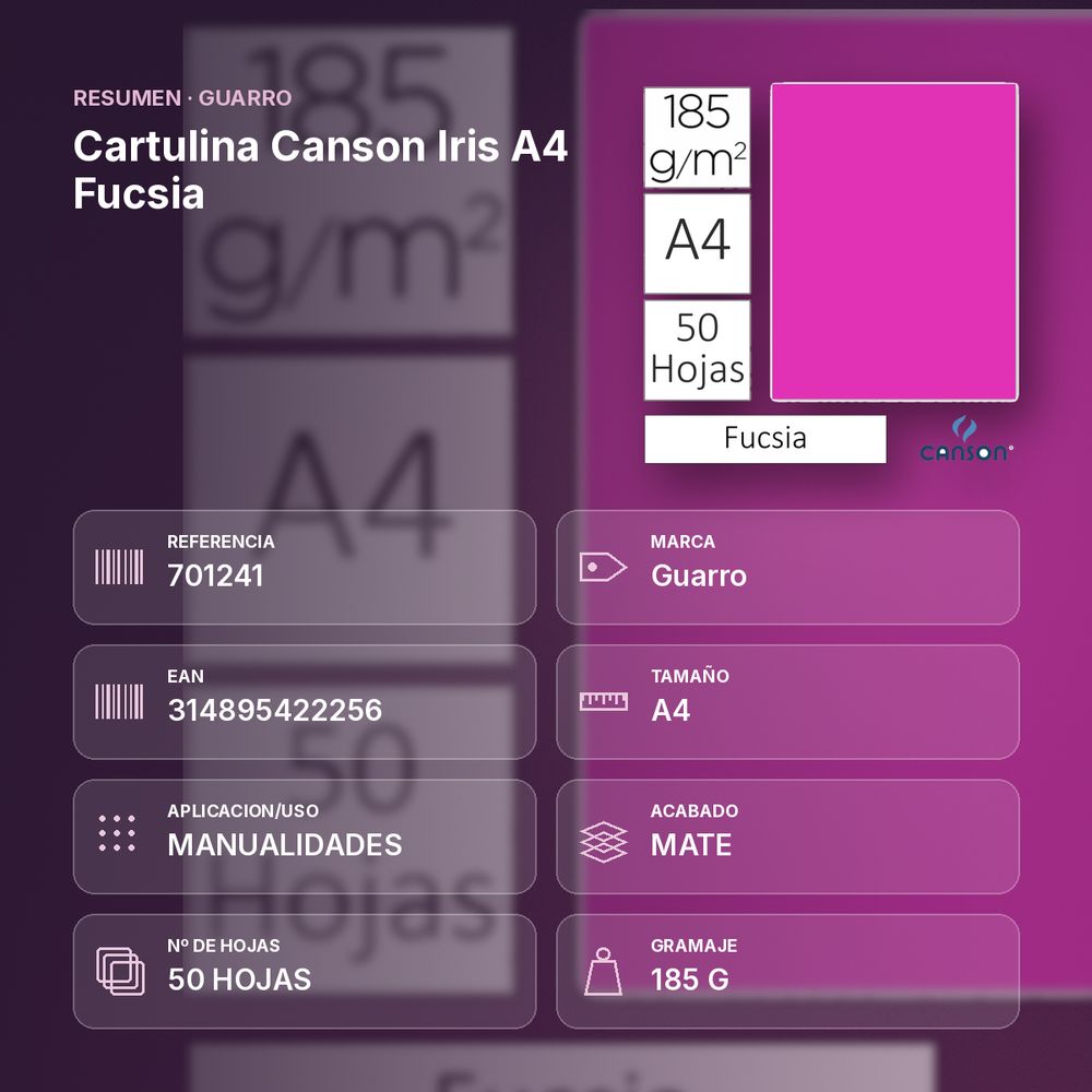 CARTULINA CANSON IRIS A4 FUCSIA - resumen de atributos