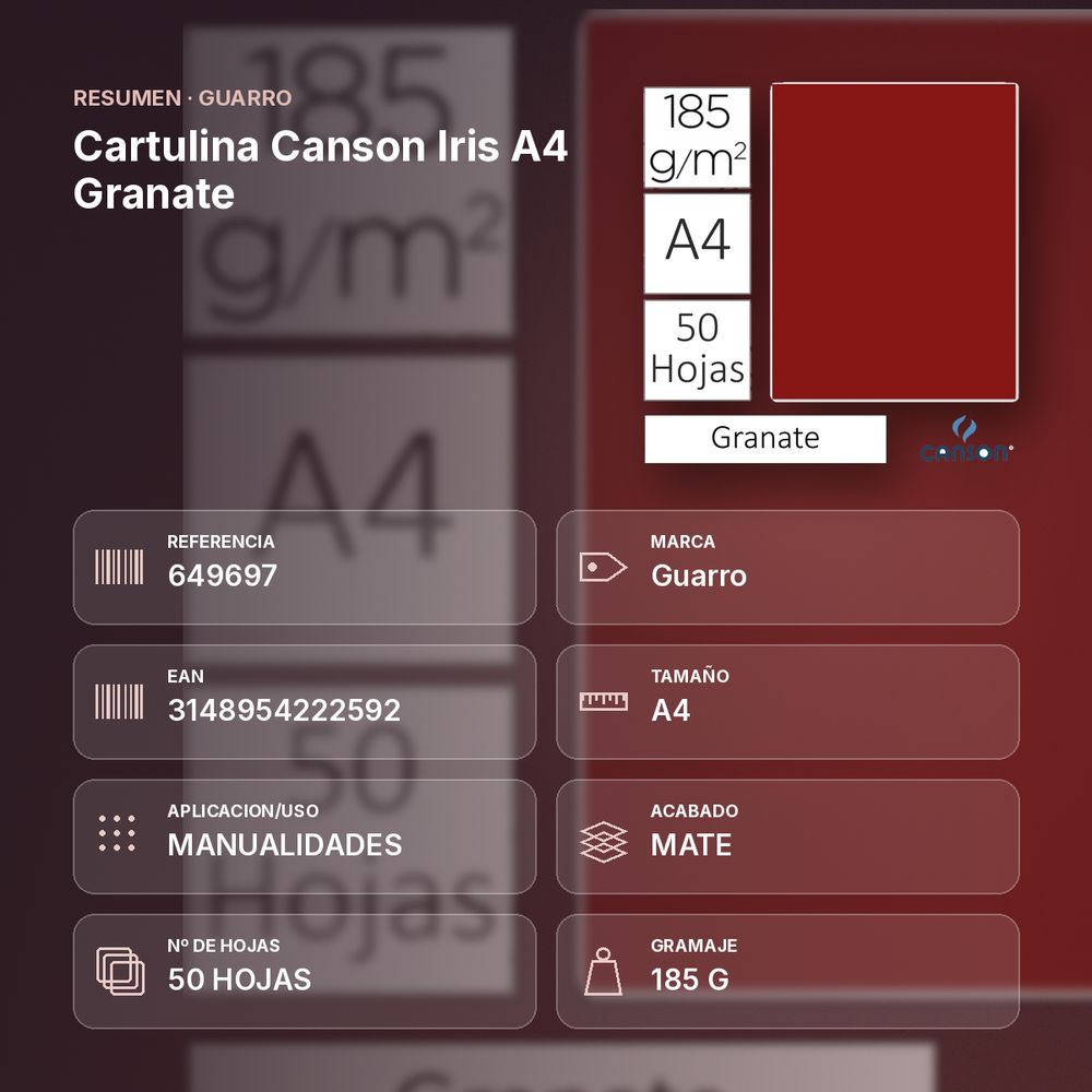 CARTULINA CANSON IRIS A4 GRANATE - resumen de atributos