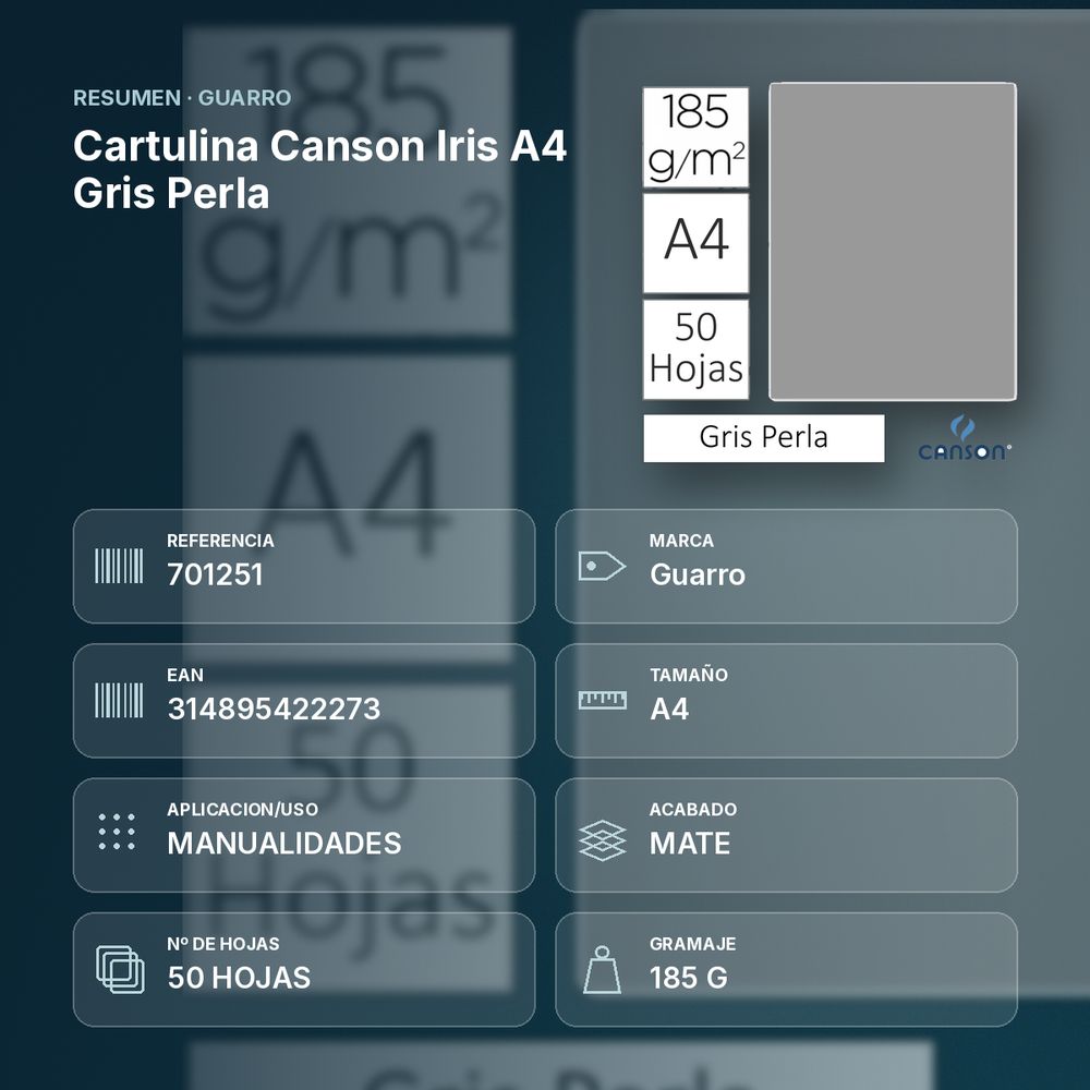 CARTULINA CANSON IRIS A4 GRIS PERLA - resumen de atributos